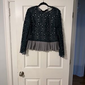 Anthropologie Maeve Green Lace Pelham Top with Gingham Underlay Size M